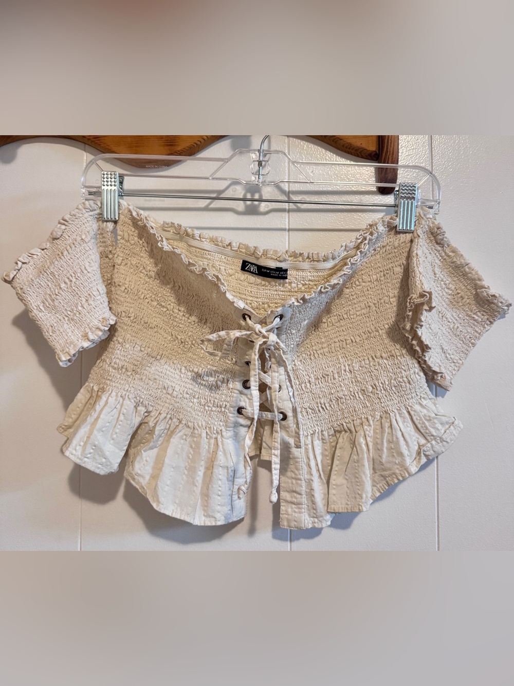 Zara Cream Off-Shoulder Lace-Up Smocked Peplum Crop Top - Picture 3 of 6